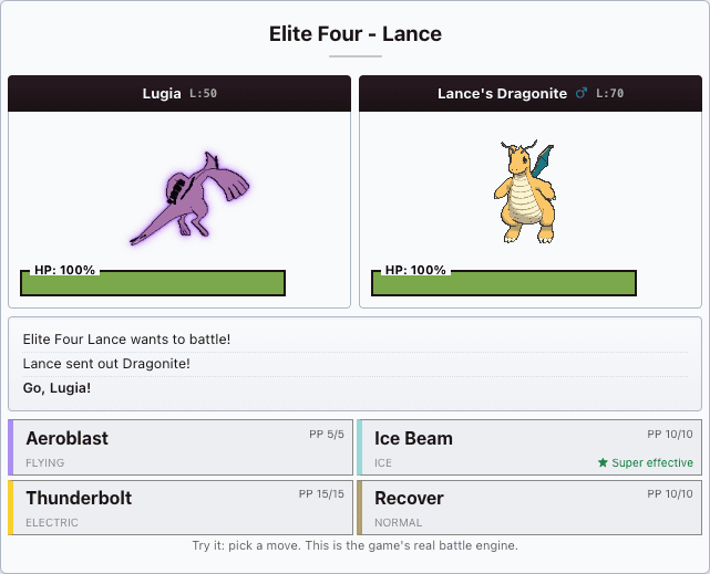 A ShadowRPG battle between Shadow Lugia and Lance's Dragonite