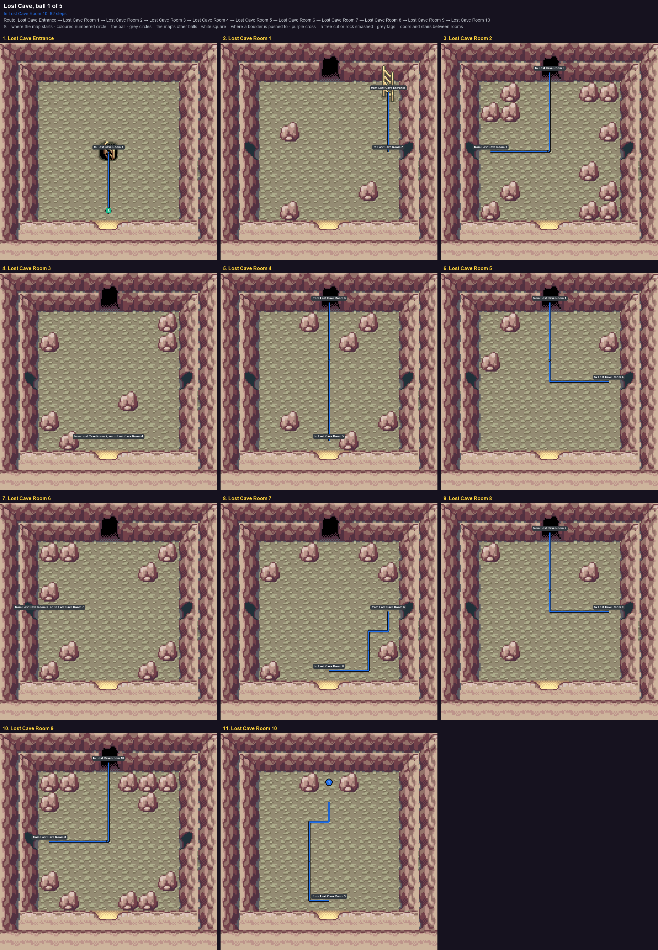 Lost Cave: the walk from its start to Poké Ball 1, through Lost Cave Entrance → Lost Cave Room 1 → Lost Cave Room 2 → Lost Cave Room 3 → Lost Cave Room 4 → Lost Cave Room 5 → Lost Cave Room 6 → Lost Cave Room 7 → Lost Cave Room 8 → Lost Cave Room 9 → Lost Cave Room 10