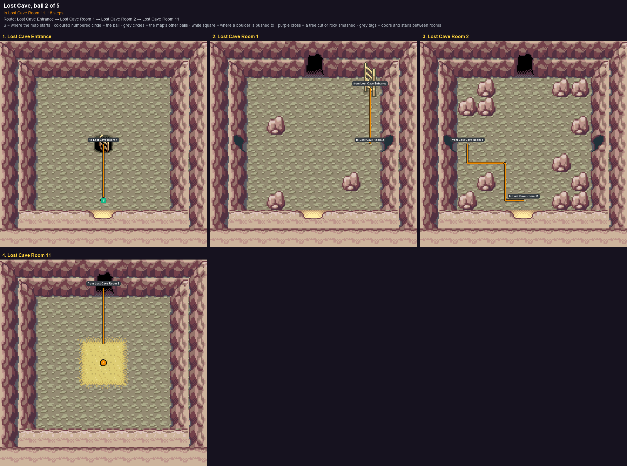 Lost Cave: the walk from its start to Poké Ball 2, through Lost Cave Entrance → Lost Cave Room 1 → Lost Cave Room 2 → Lost Cave Room 11