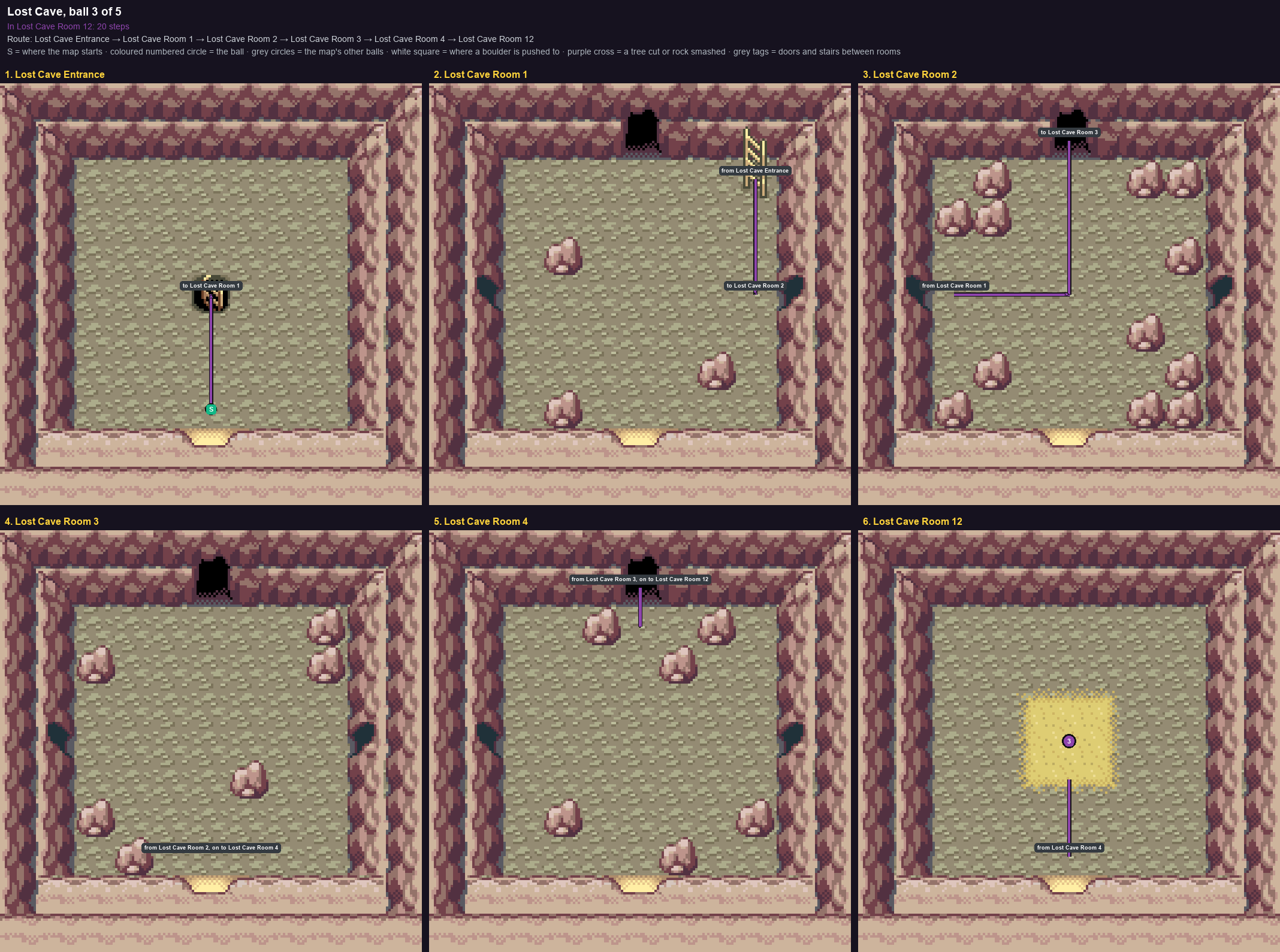 Lost Cave: the walk from its start to Poké Ball 3, through Lost Cave Entrance → Lost Cave Room 1 → Lost Cave Room 2 → Lost Cave Room 3 → Lost Cave Room 4 → Lost Cave Room 12
