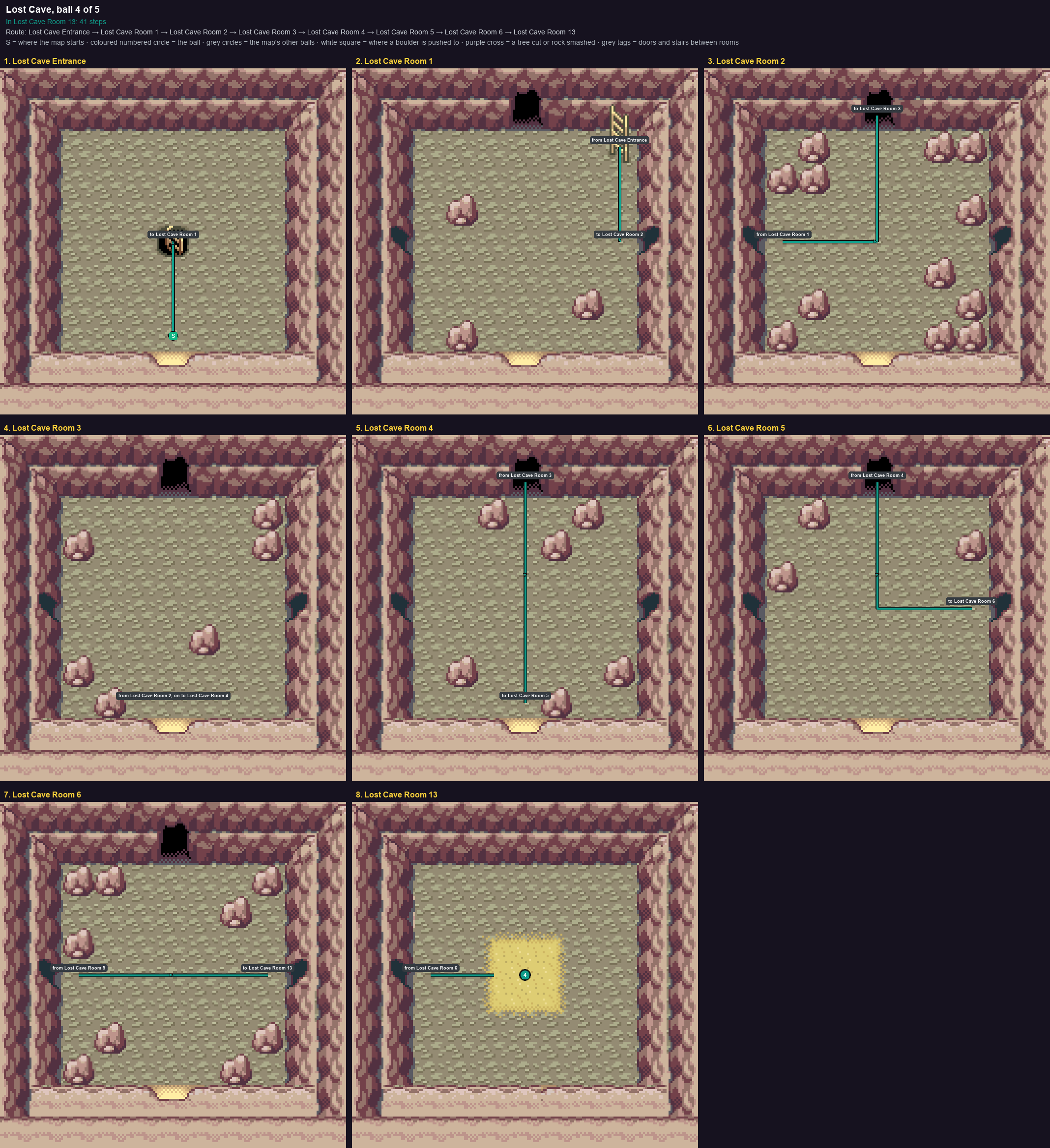 Lost Cave: the walk from its start to Poké Ball 4, through Lost Cave Entrance → Lost Cave Room 1 → Lost Cave Room 2 → Lost Cave Room 3 → Lost Cave Room 4 → Lost Cave Room 5 → Lost Cave Room 6 → Lost Cave Room 13