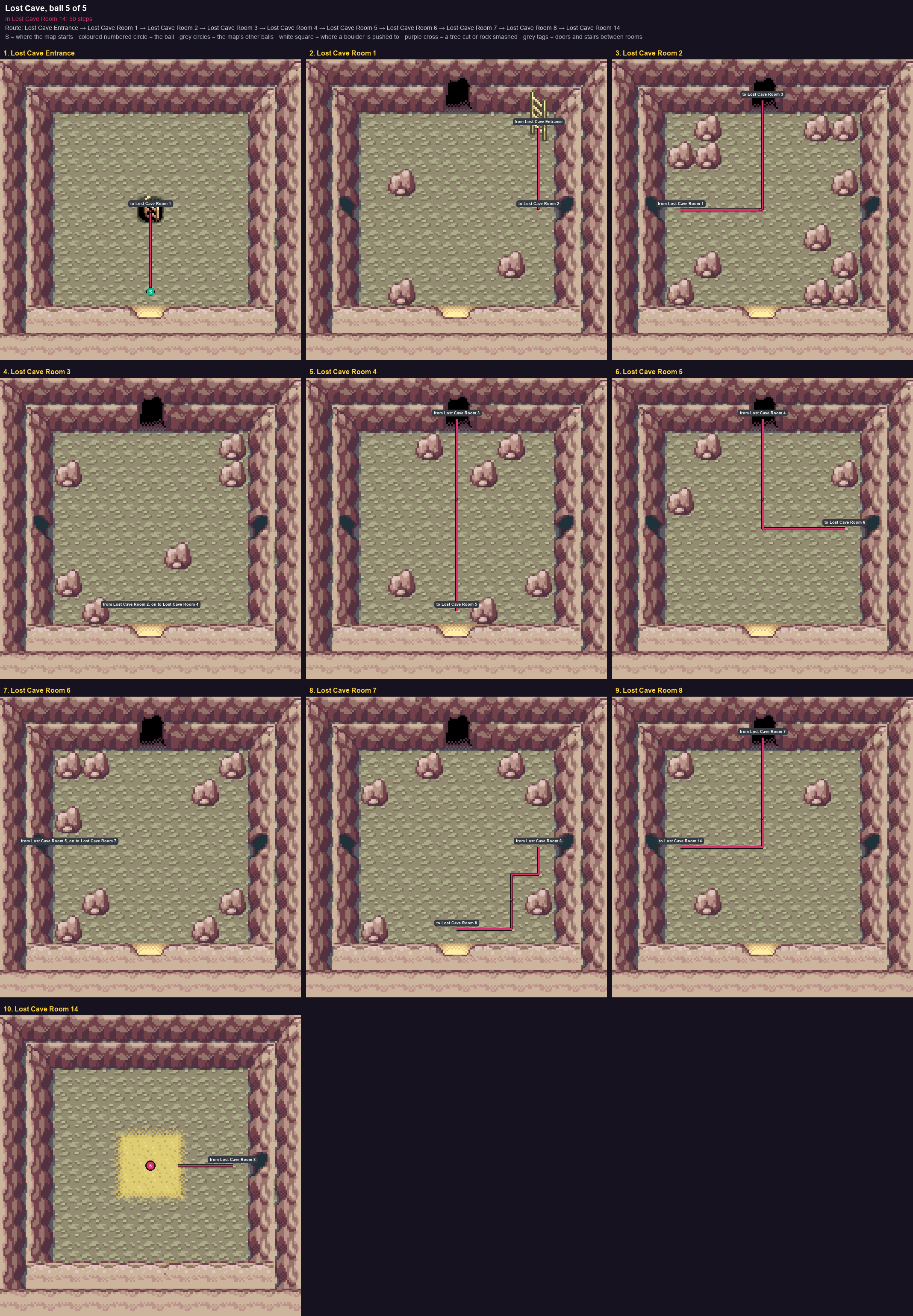 Lost Cave: the walk from its start to Poké Ball 5, through Lost Cave Entrance → Lost Cave Room 1 → Lost Cave Room 2 → Lost Cave Room 3 → Lost Cave Room 4 → Lost Cave Room 5 → Lost Cave Room 6 → Lost Cave Room 7 → Lost Cave Room 8 → Lost Cave Room 14