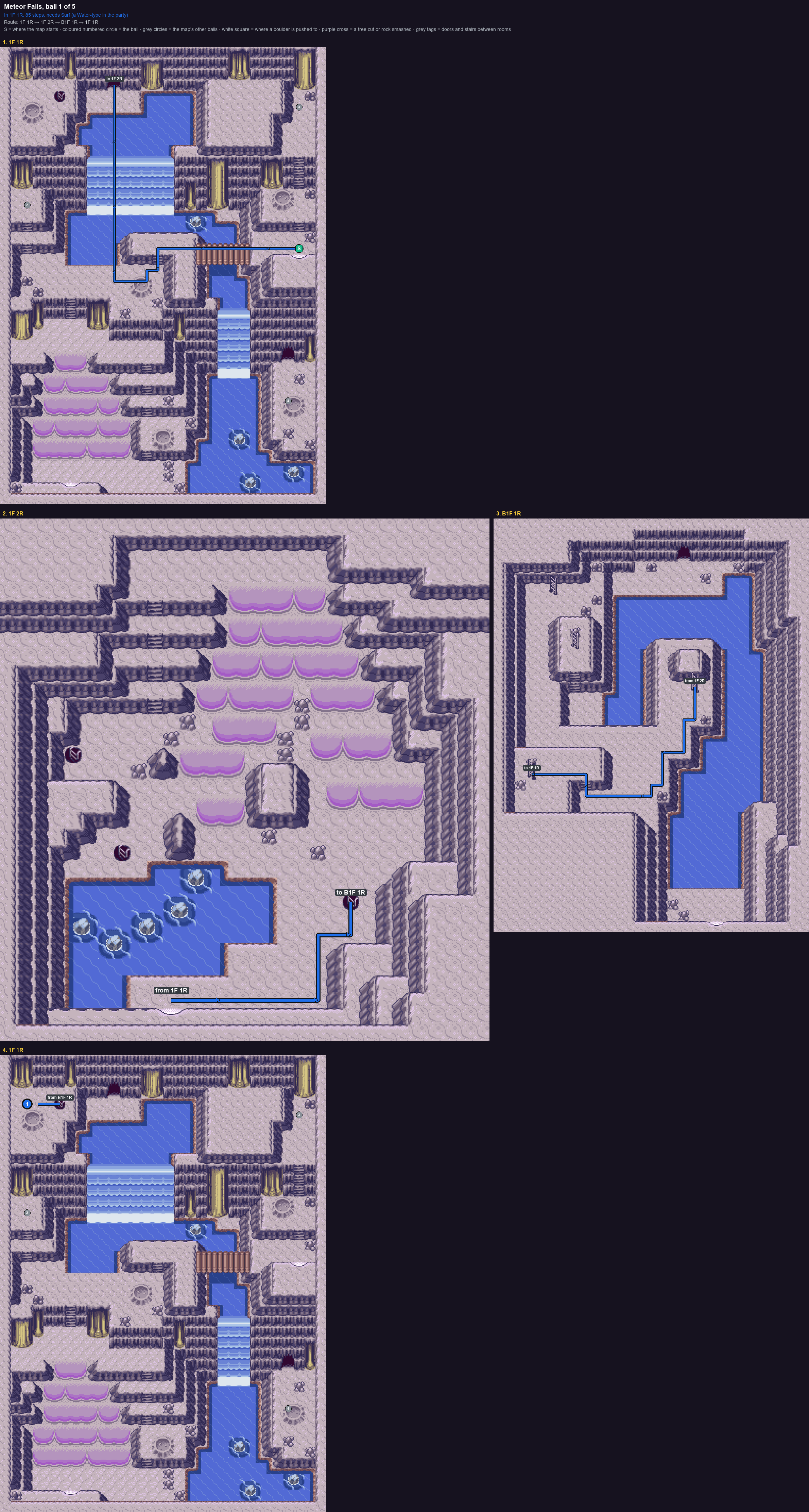 Meteor Falls: the walk from its start to Poké Ball 1, through 1F 1R → 1F 2R → B1F 1R → 1F 1R