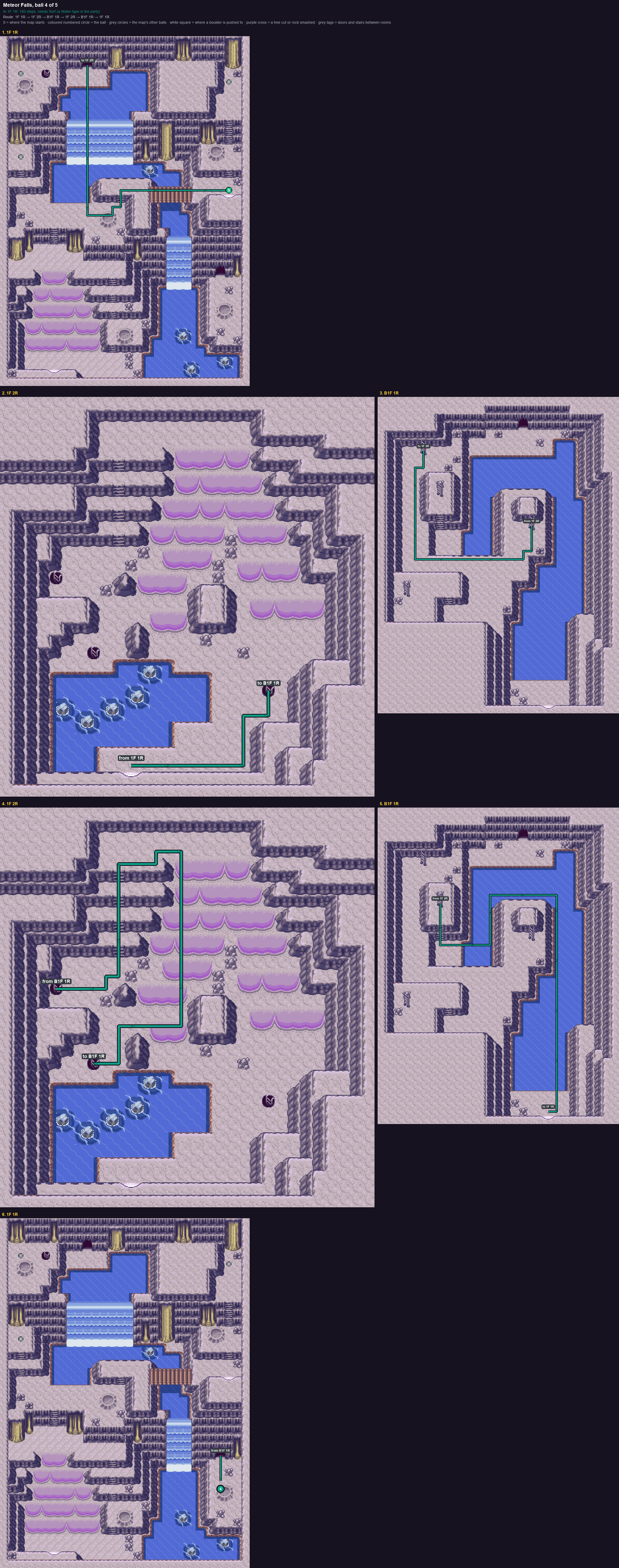 Meteor Falls: the walk from its start to Poké Ball 4, through 1F 1R → 1F 2R → B1F 1R → 1F 2R → B1F 1R → 1F 1R