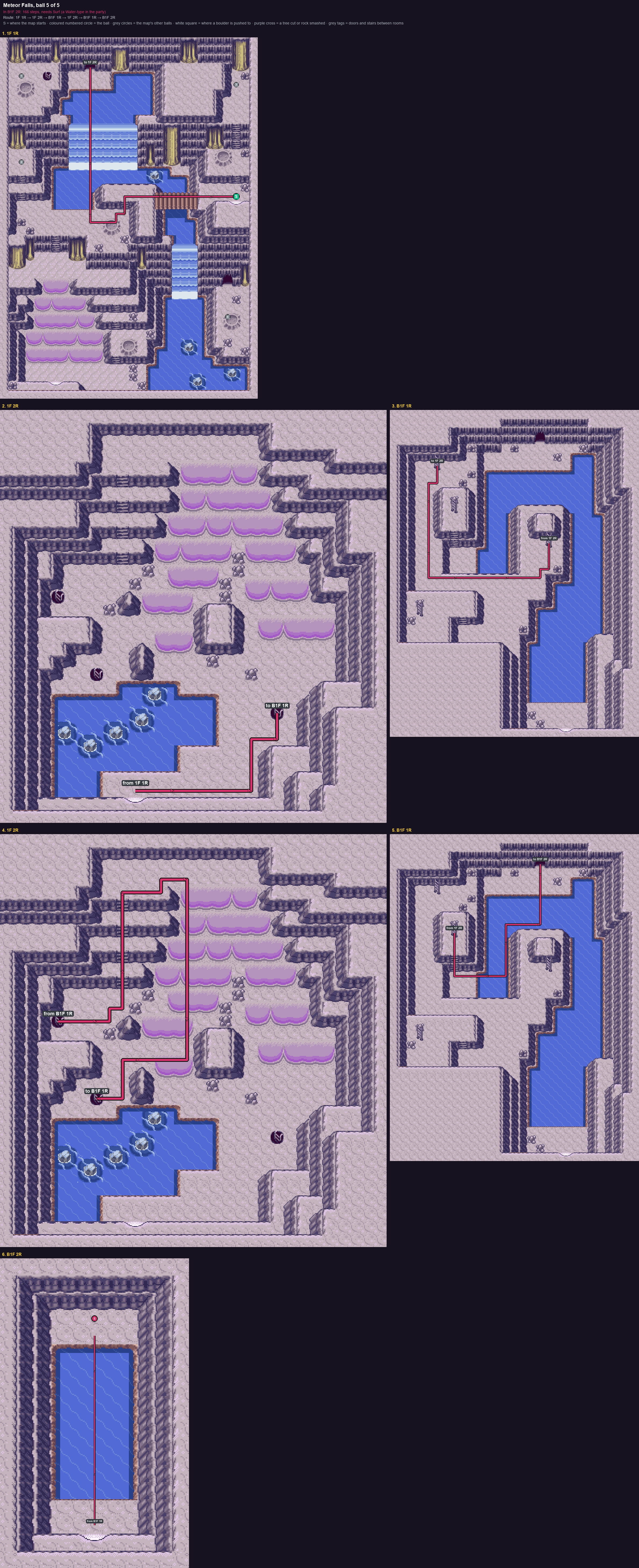 Meteor Falls: the walk from its start to Poké Ball 5, through 1F 1R → 1F 2R → B1F 1R → 1F 2R → B1F 1R → B1F 2R