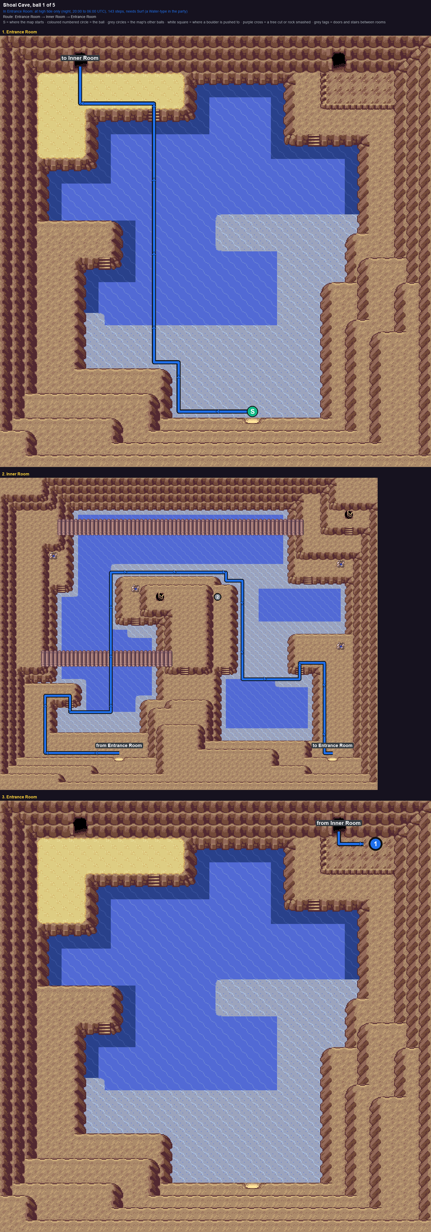 Shoal Cave: the walk from its start to Poké Ball 1, through Entrance Room → Inner Room → Entrance Room