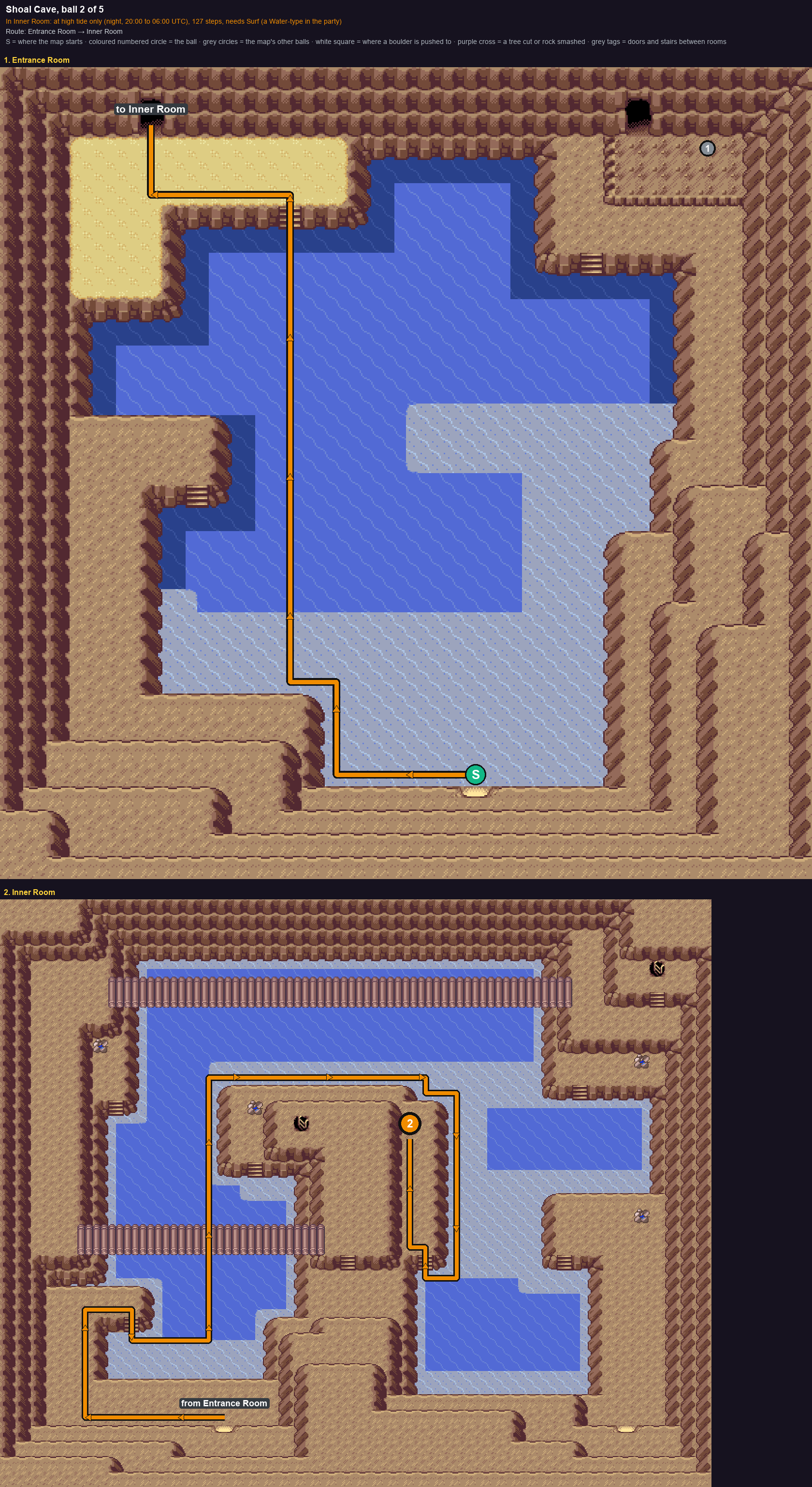 Shoal Cave: the walk from its start to Poké Ball 2, through Entrance Room → Inner Room