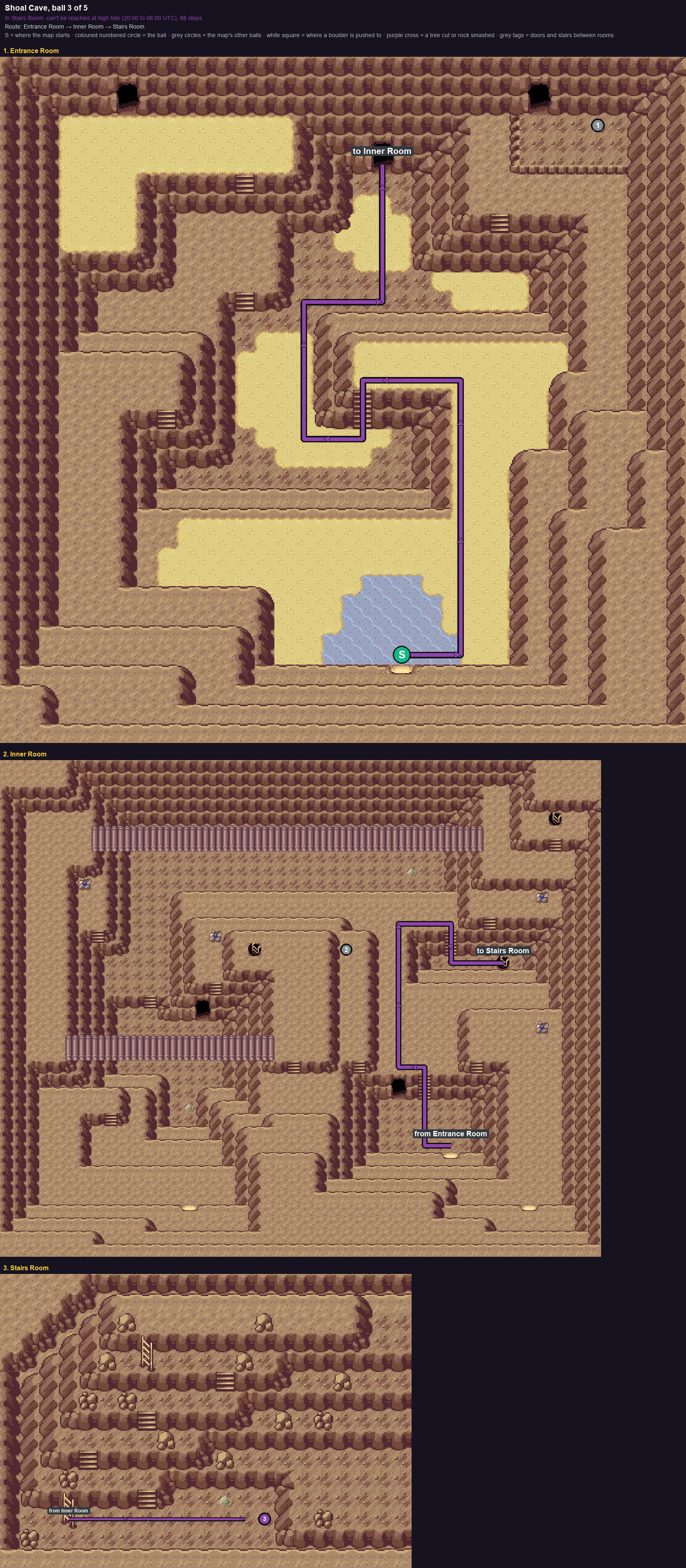 Shoal Cave: the walk from its start to Poké Ball 3, through Entrance Room → Inner Room → Stairs Room