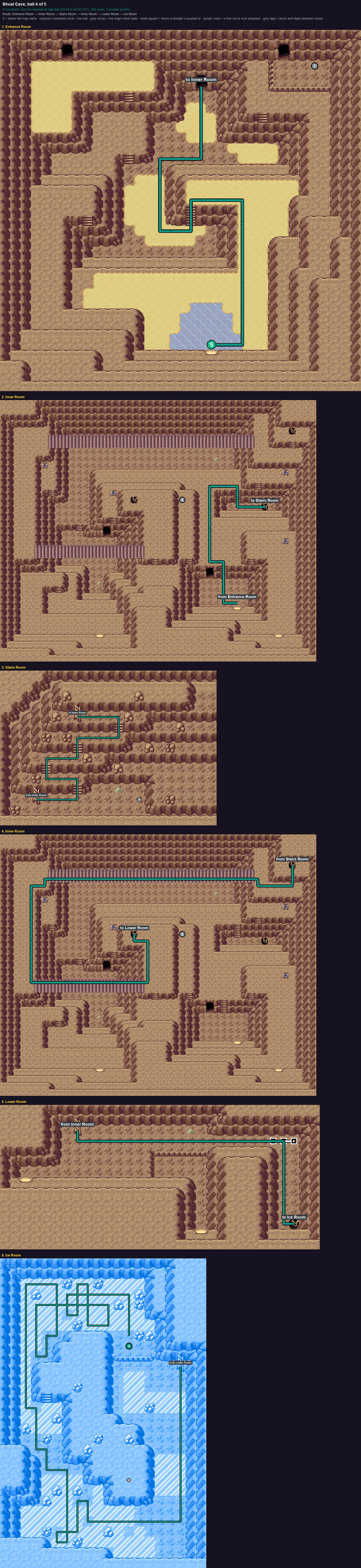 Shoal Cave: the walk from its start to Poké Ball 4, through Entrance Room → Inner Room → Stairs Room → Inner Room → Lower Room → Ice Room