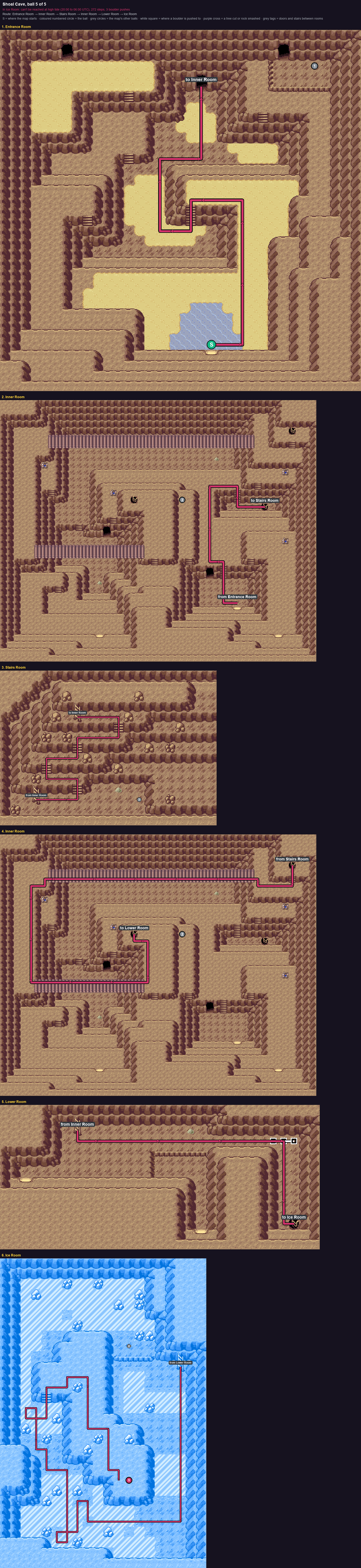 Shoal Cave: the walk from its start to Poké Ball 5, through Entrance Room → Inner Room → Stairs Room → Inner Room → Lower Room → Ice Room