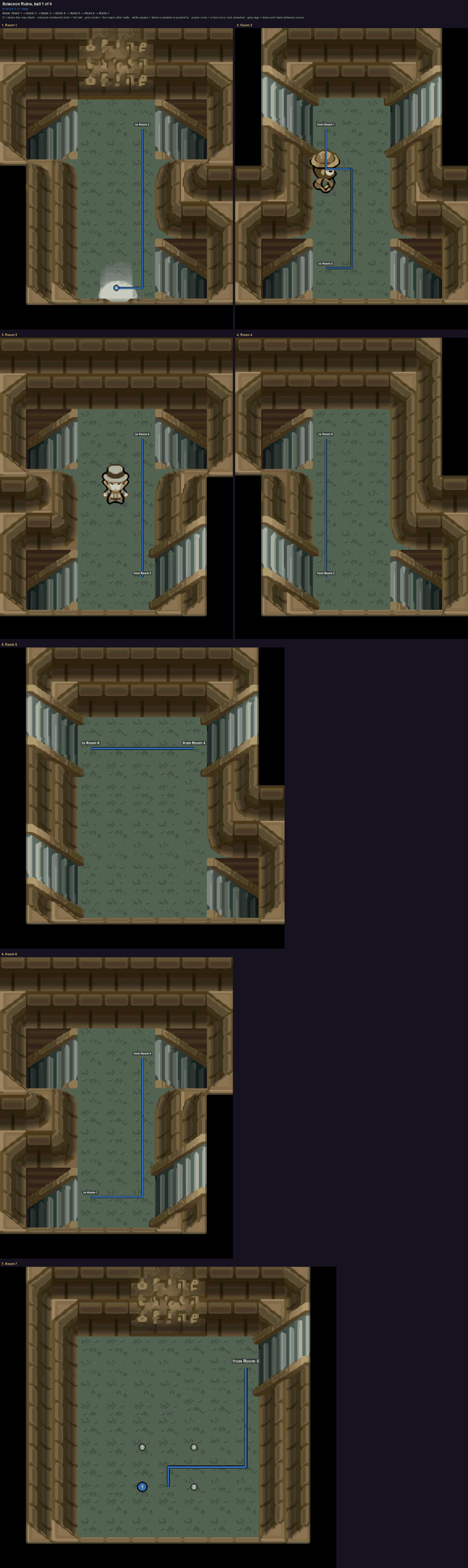 Solaceon Ruins: the walk from its start to Poké Ball 1, through Room 1 → Room 2 → Room 3 → Room 4 → Room 5 → Room 6 → Room 7