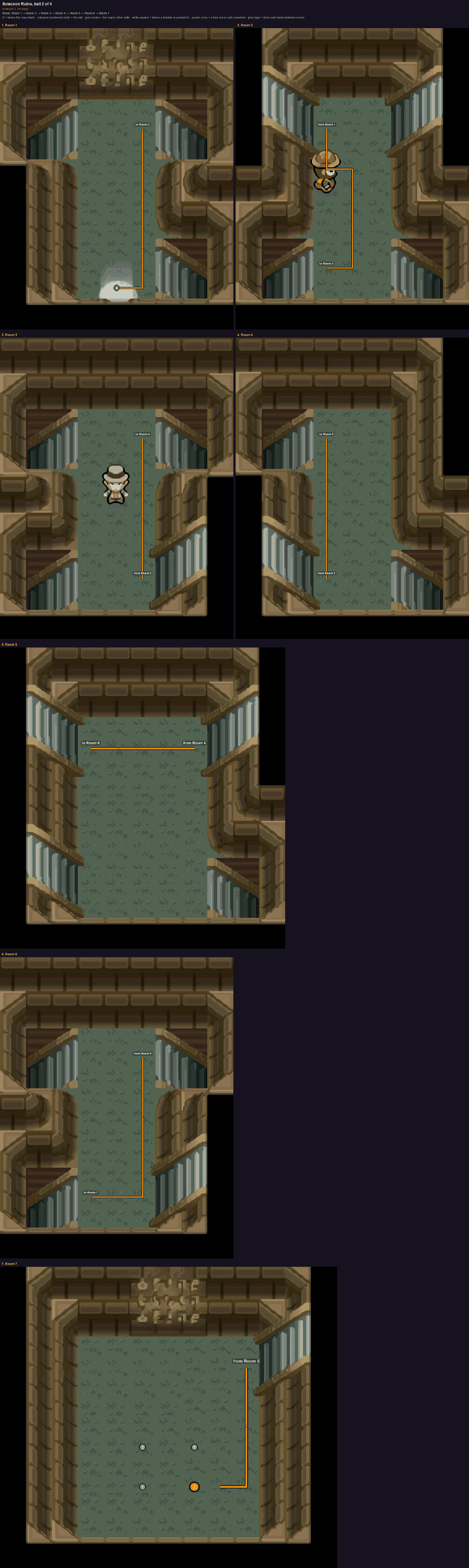 Solaceon Ruins: the walk from its start to Poké Ball 2, through Room 1 → Room 2 → Room 3 → Room 4 → Room 5 → Room 6 → Room 7