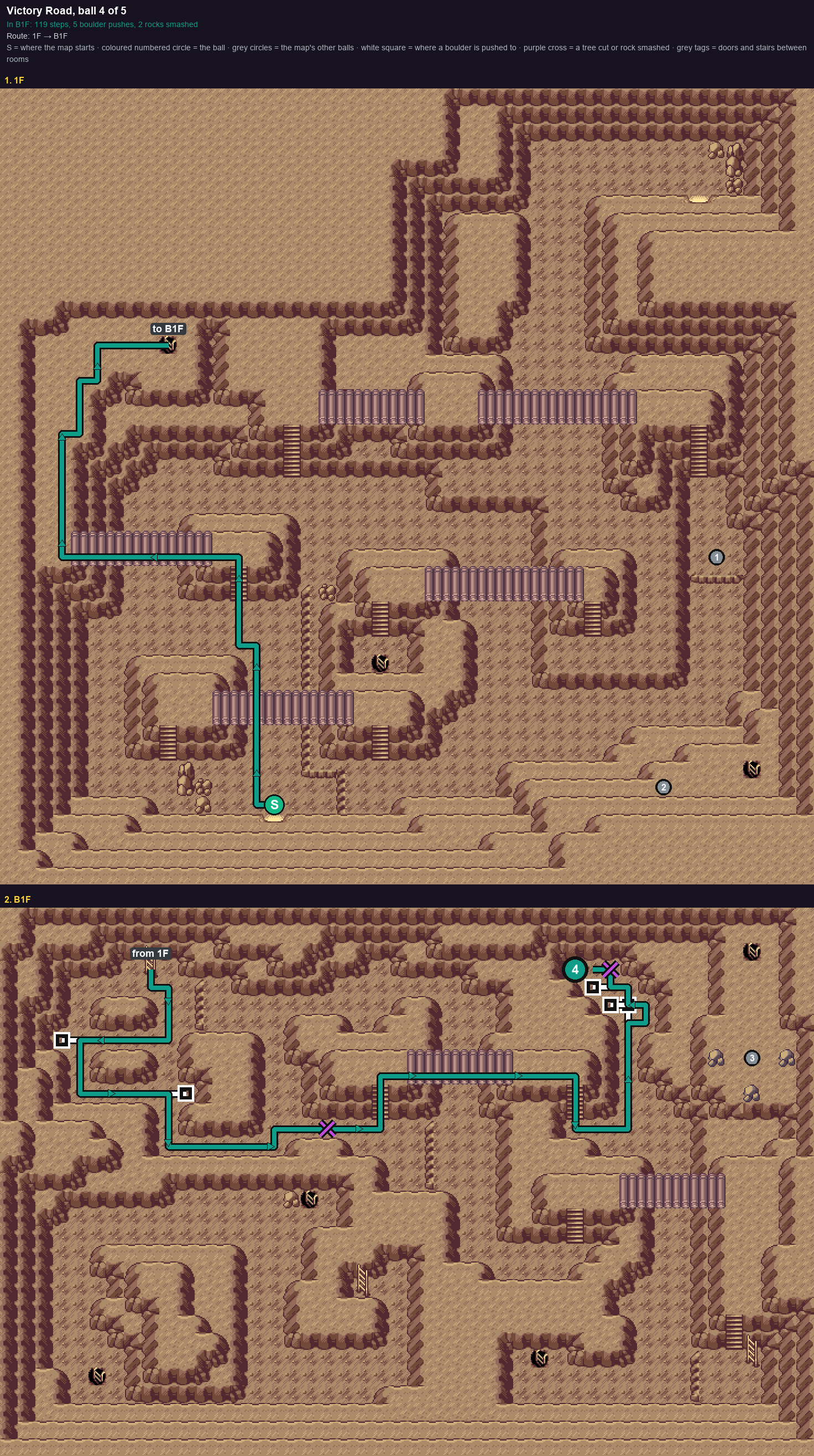 Victory Road: the walk from its start to Poké Ball 4, through 1F → B1F