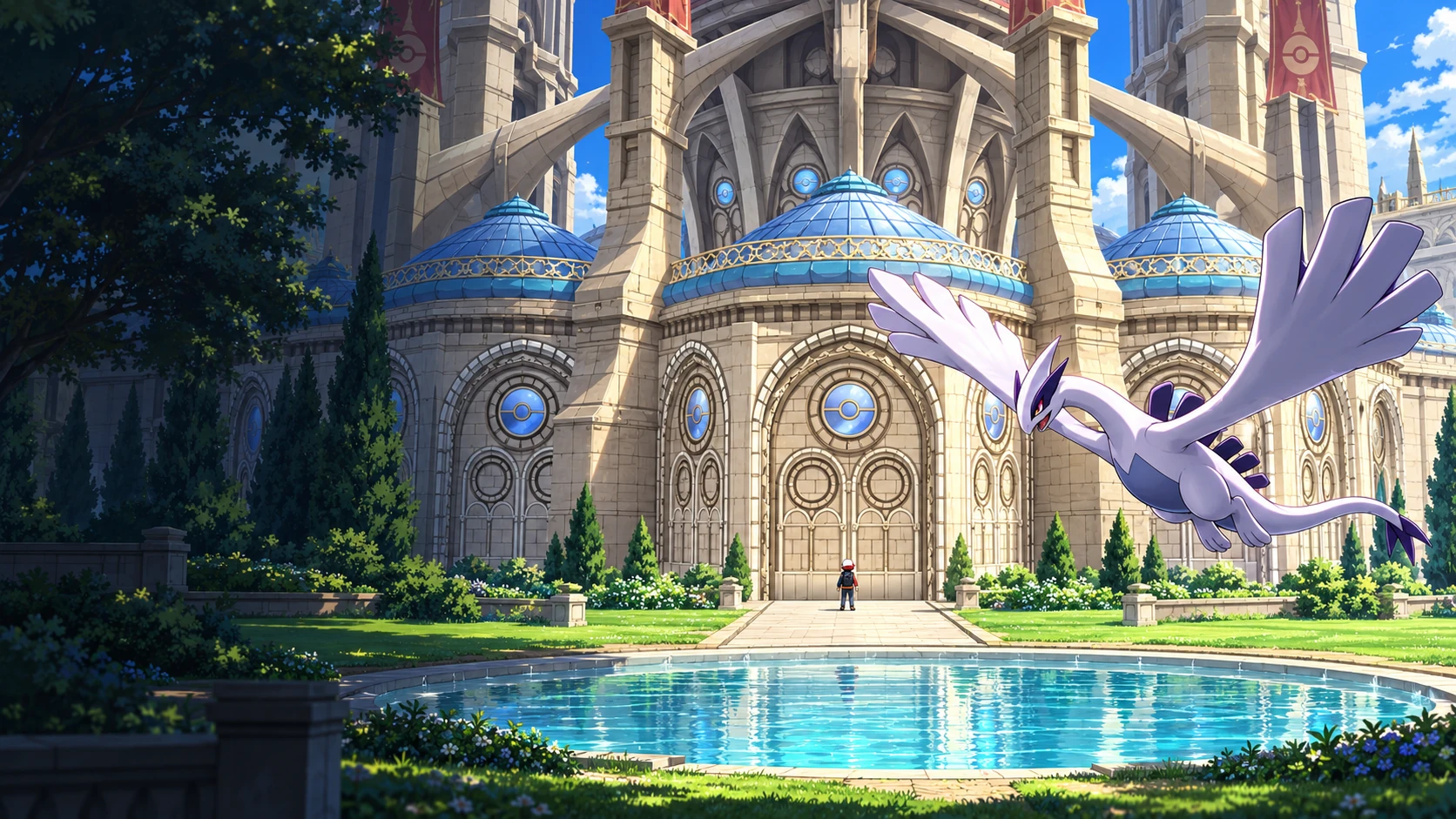 A grand Pokémon League hall with arched stone doors and blue domed roofs